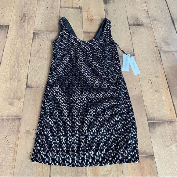 Calvin Klein Sleeveless Sequin Sheath Dress Scooped Back Black Silver 2 Mini Y2K - Picture 3 of 10